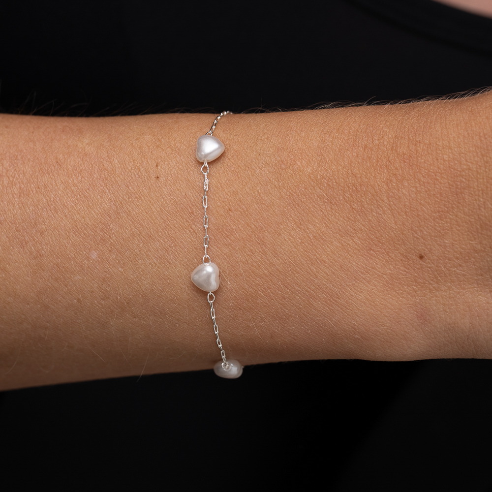 PULSEIRA PÉROLA CORAÇÃO CT BANHO PRATA