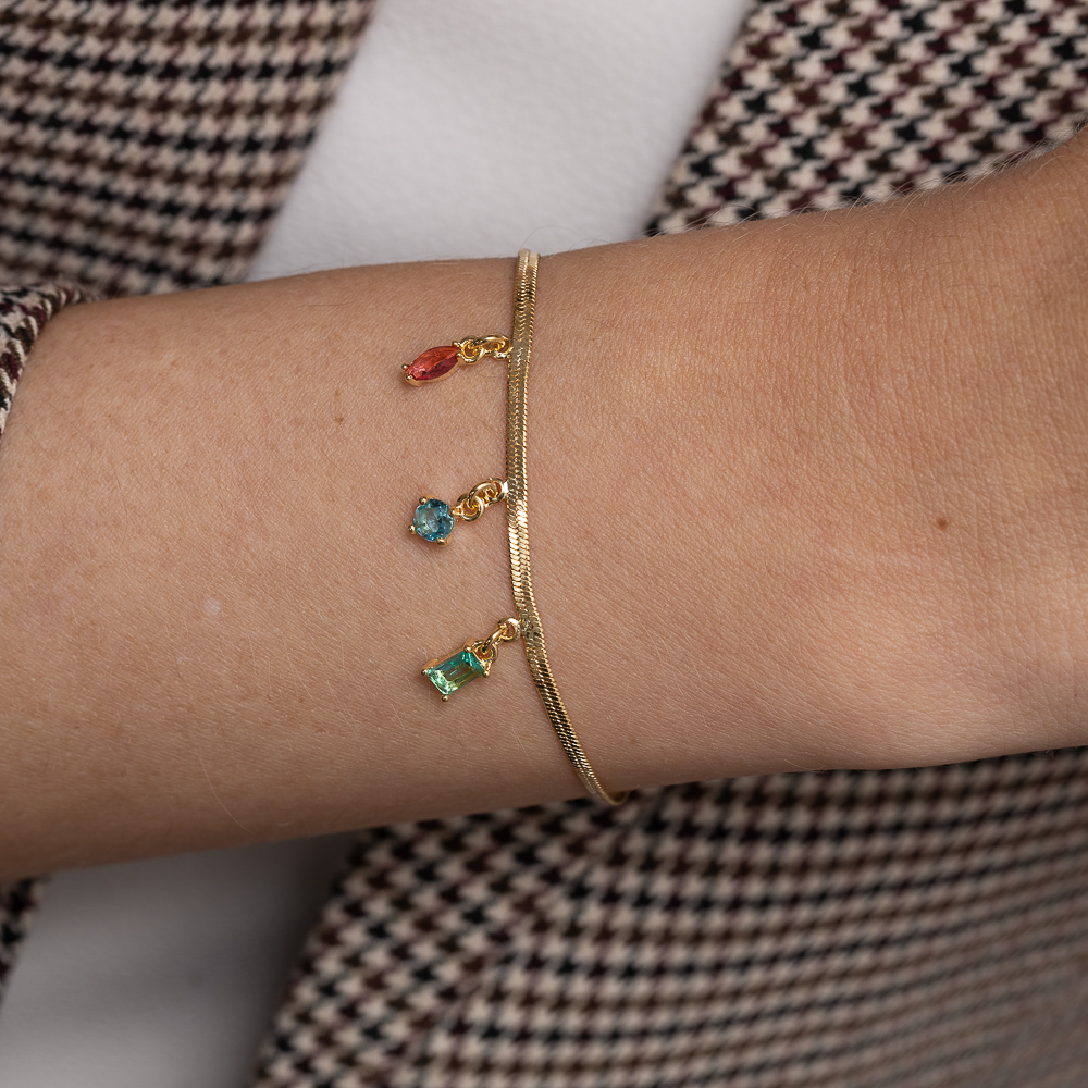 PULSEIRA FITA ESPELHADA COM PEDRAS COLORIDAS BANHO OURO 18K