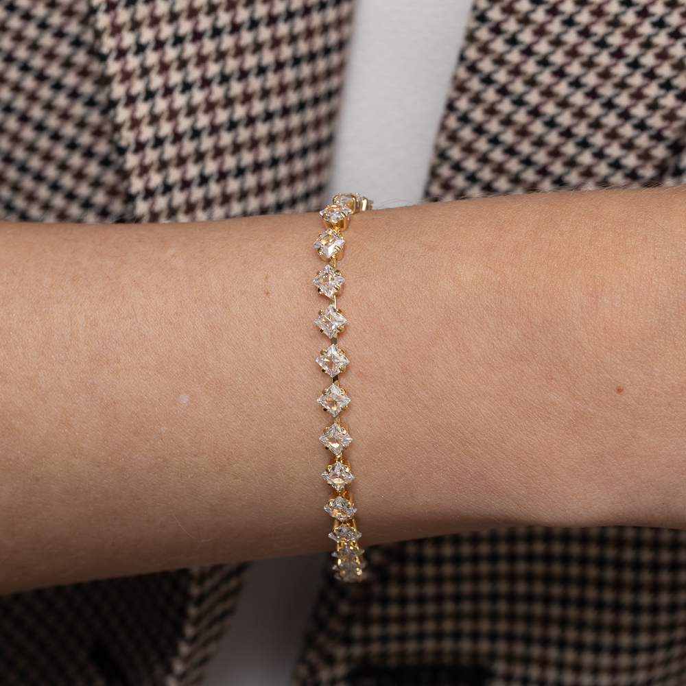 PULSEIRA RIVIERA COM PEDRAS CRISTAIS BANHO OURO 18K