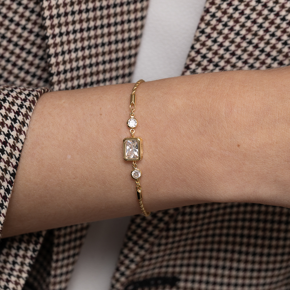 PULSEIRA CABO DE AÇO PP E PEDRA CRISTAL BANHO 18K