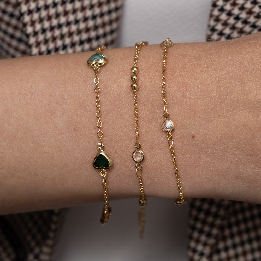 PULSEIRA BOLINHAS E CRISTAIS BANHO OURO 18K
