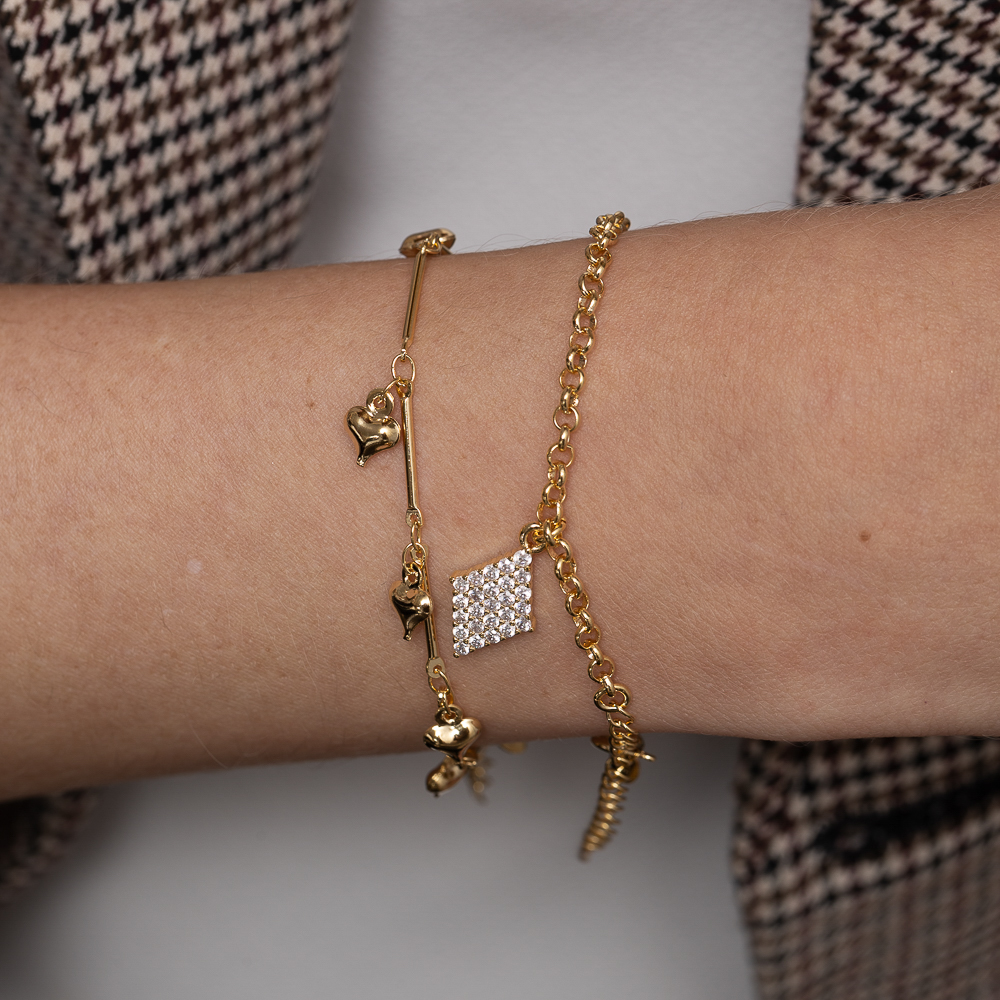 PULSEIRA ELO PORTUGUÊS COM PINGENTE LOSANGO BANHO OURO 18K