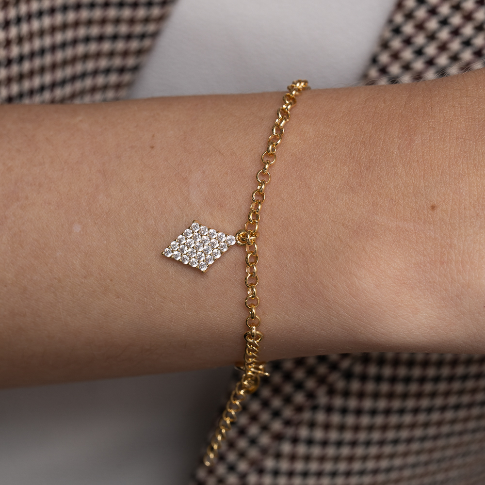 PULSEIRA ELO PORTUGUÊS COM PINGENTE LOSANGO BANHO OURO 18K