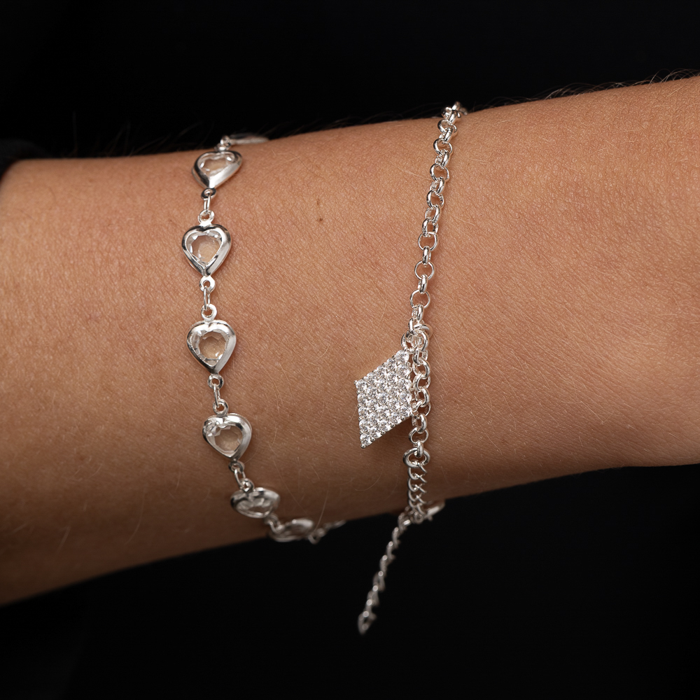 PULSEIRA ELO PORTUGUÊS COM PINGENTE LOSANGO CT BANHO PRATA