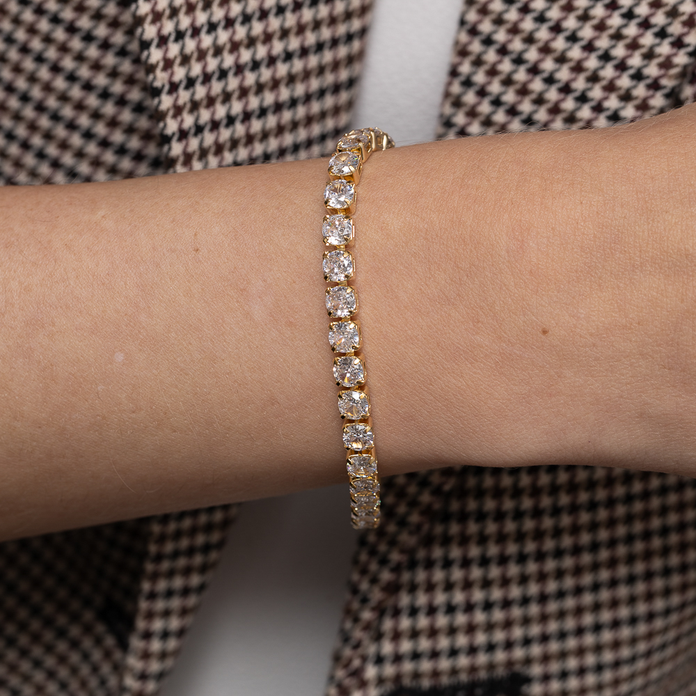 PULSEIRA RIVIERA GROSSA CRISTAL BANHO OURO 18K