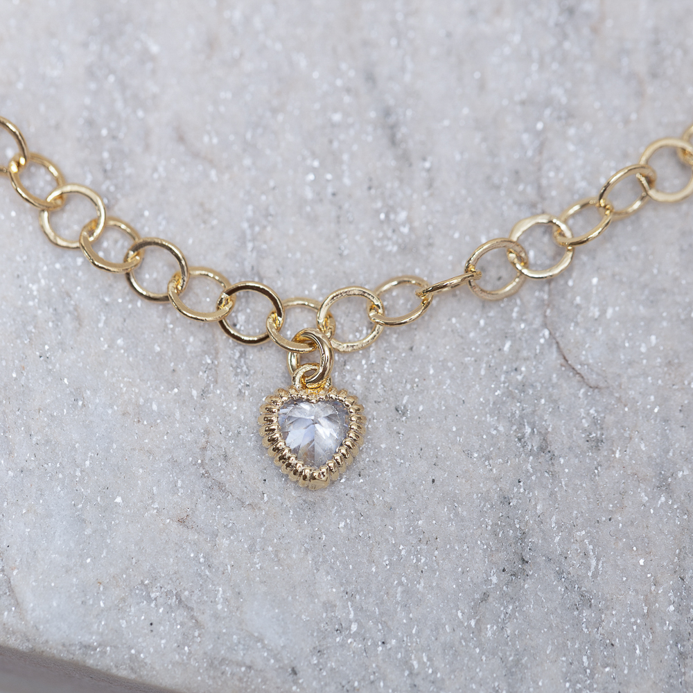PULSEIRA ARO COM PINGENTE CORAÇÃO CRISTAL BANHO OURO 18K