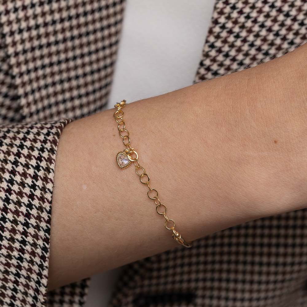 PULSEIRA ARO COM PINGENTE CORAÇÃO CRISTAL BANHO OURO 18K