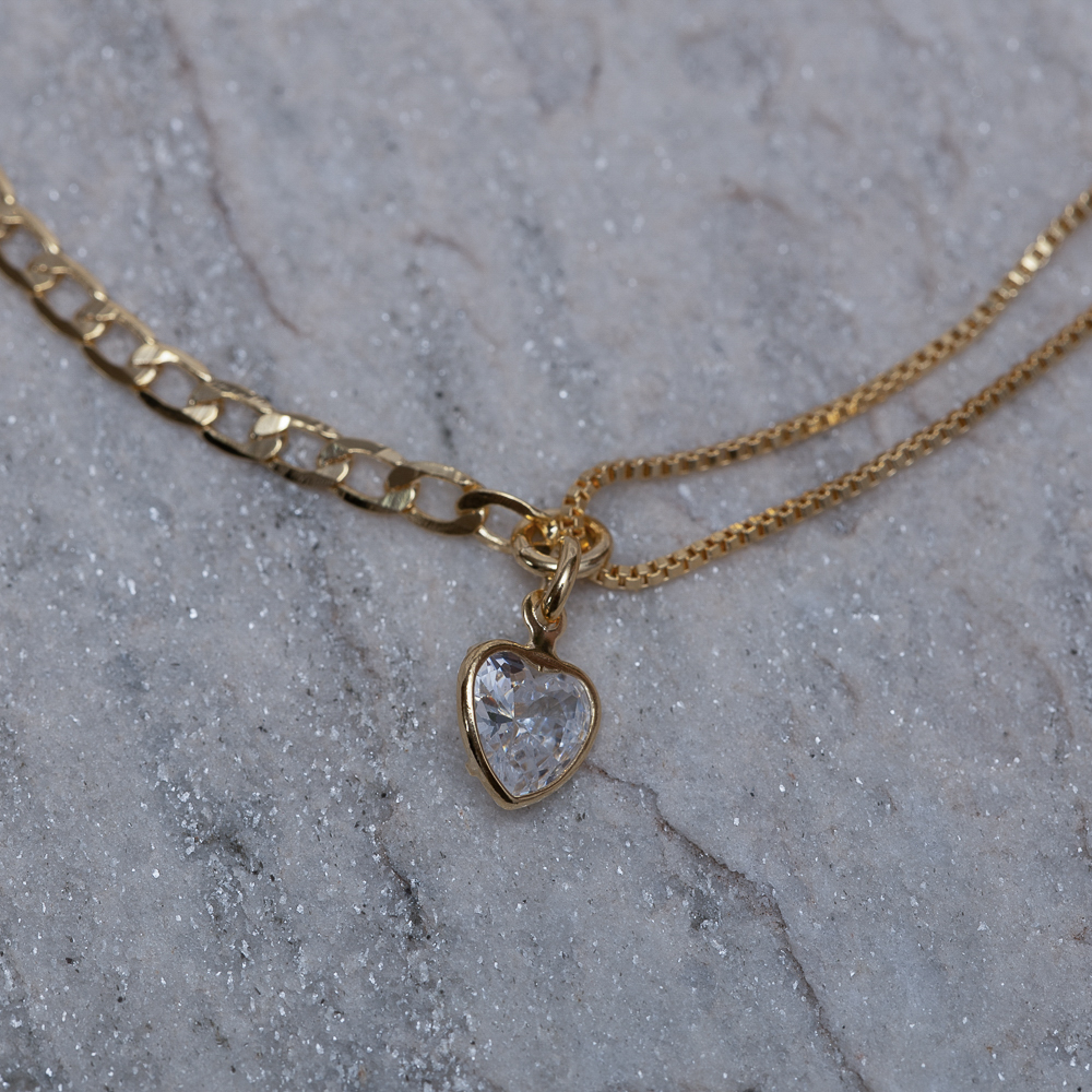 PULSEIRA DUPLA COM CORAÇÃO CRISTAL BANHO OURO 18K