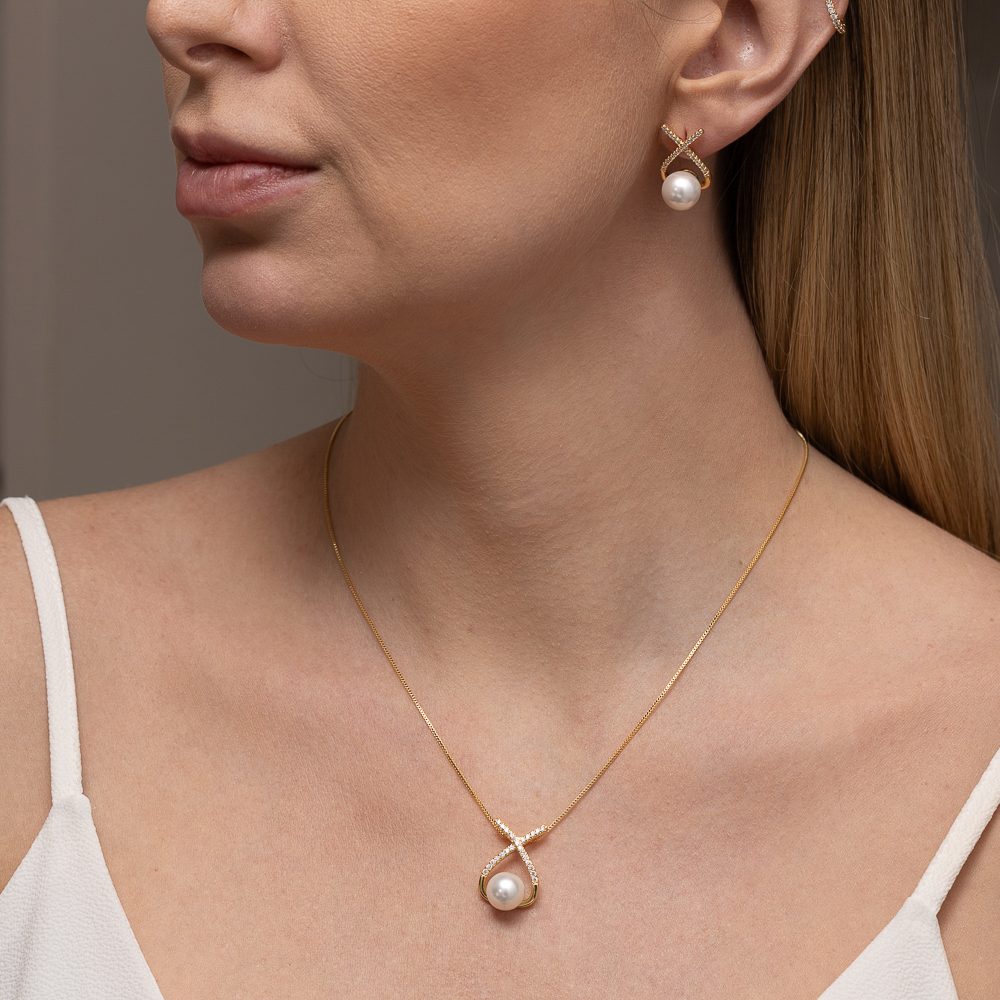 CONJUNTO X COM PÉROLA BANHO OURO 18K