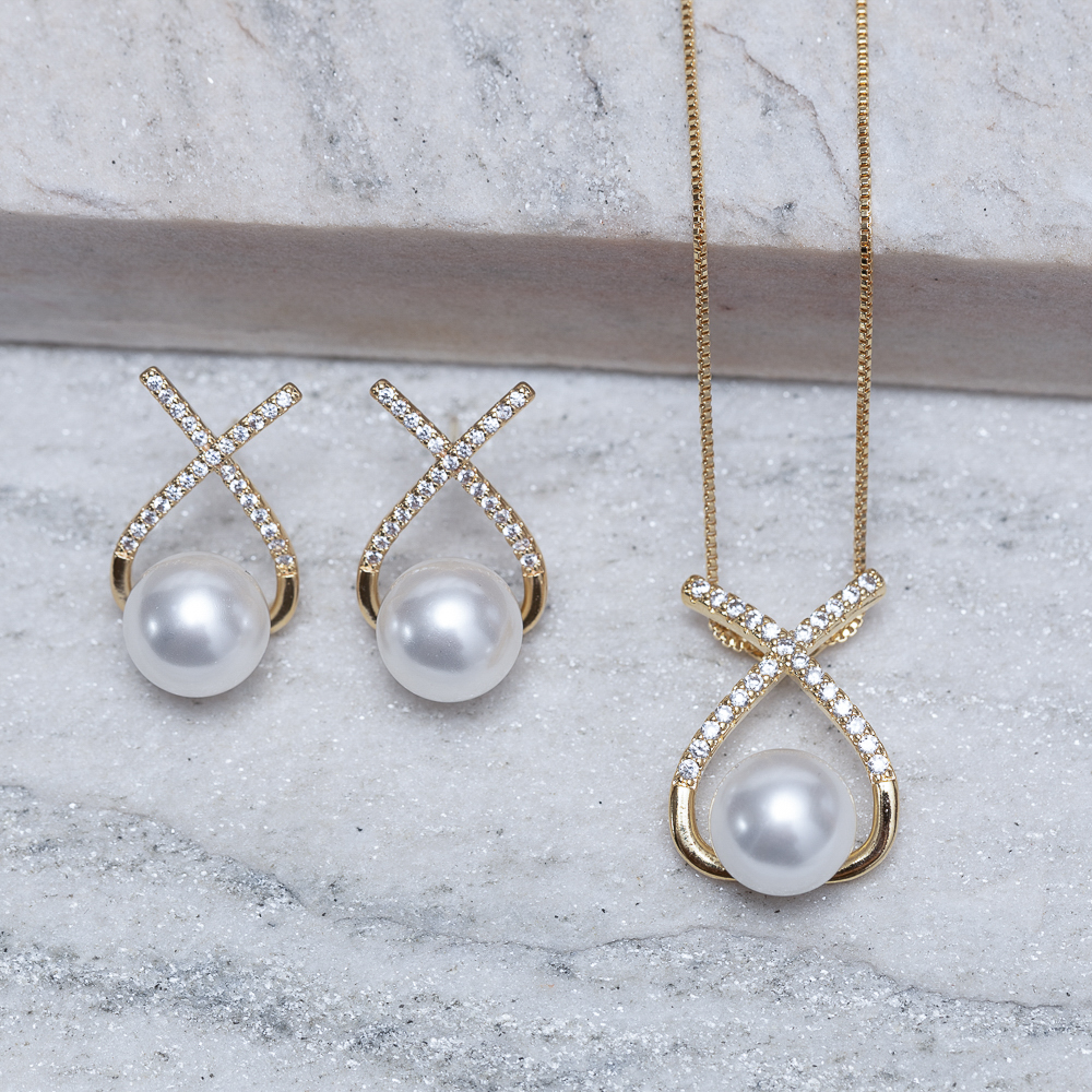 CONJUNTO X COM PÉROLA BANHO OURO 18K