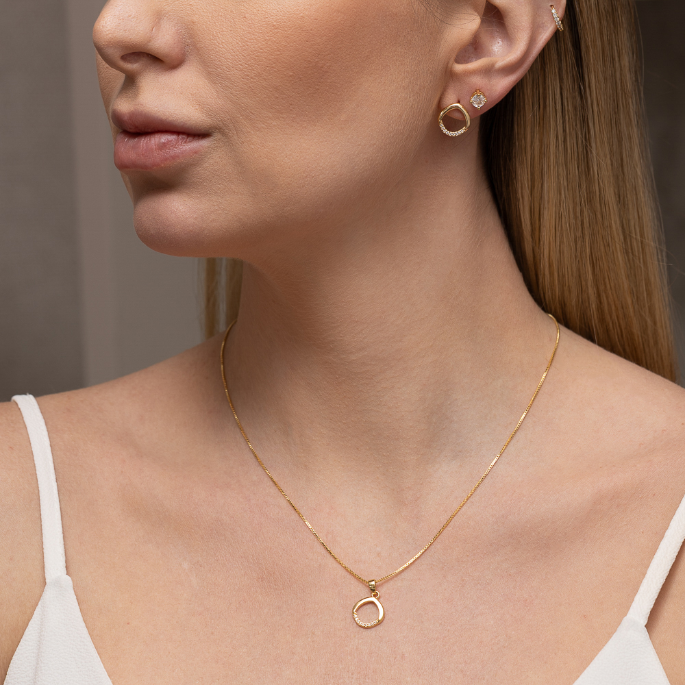 CONJUNTO CÍRCULO CRAVEJADO BANHO OURO 18K