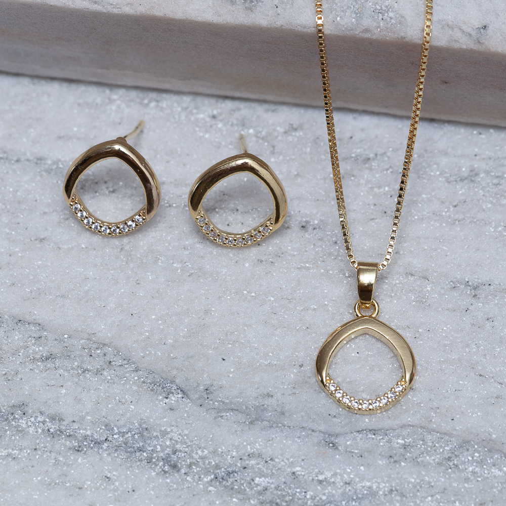 CONJUNTO CÍRCULO CRAVEJADO BANHO OURO 18K