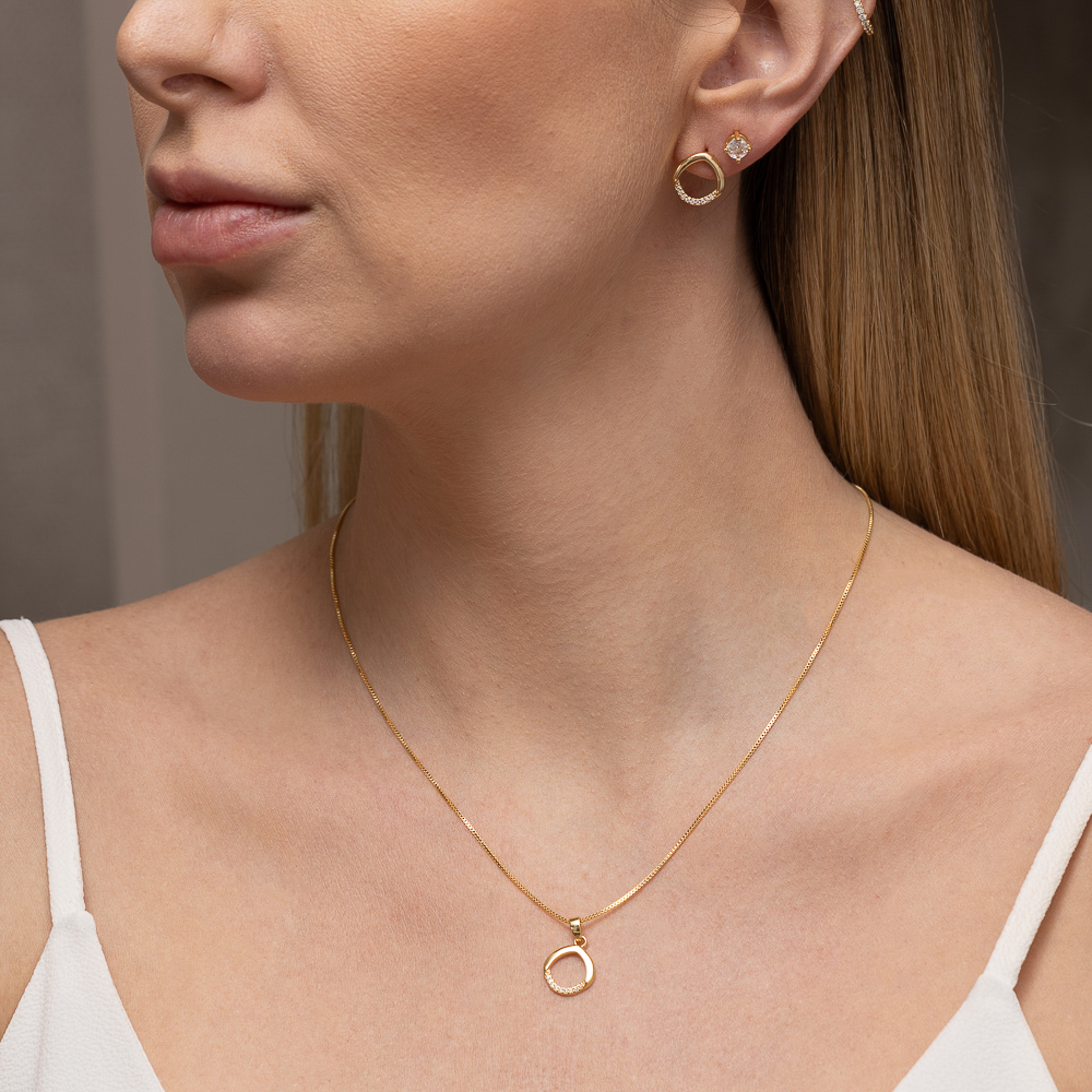 CONJUNTO CÍRCULO CRAVEJADO BANHO OURO 18K