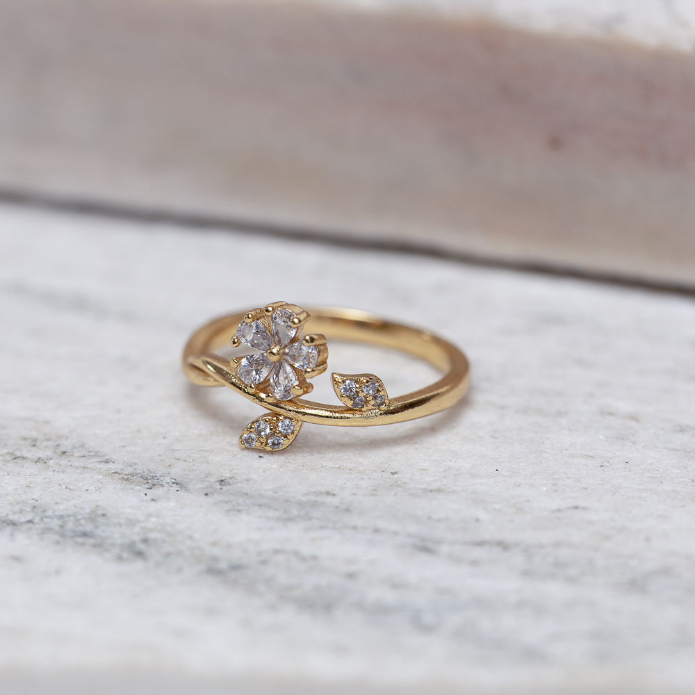 ANEL FLORZINHA CRISTAL CT BANHO OURO 18K