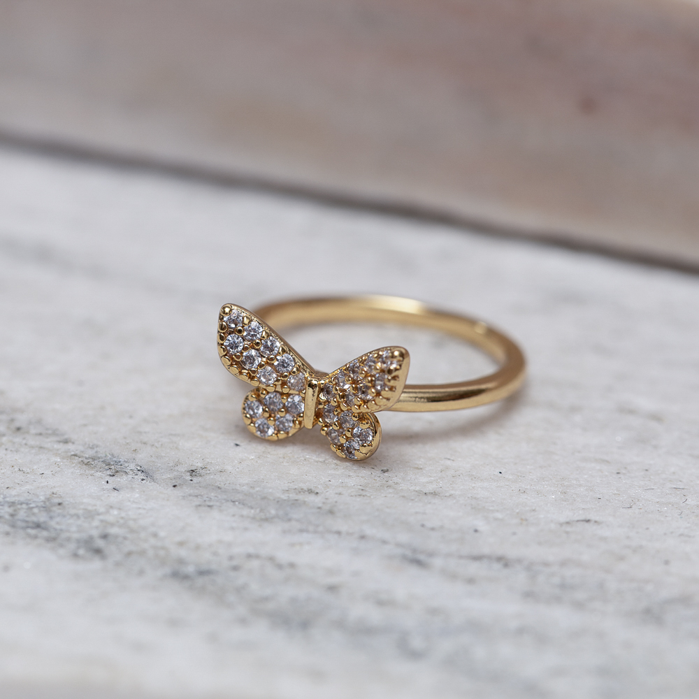 ANEL BORBOLETA CRAVEJADA CT BANHO OURO 18K