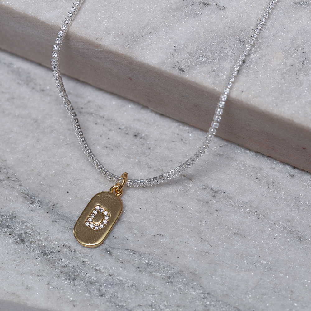CHOKER RIVIERA PP COM LETRA D CRISTAL BANHO PRATA