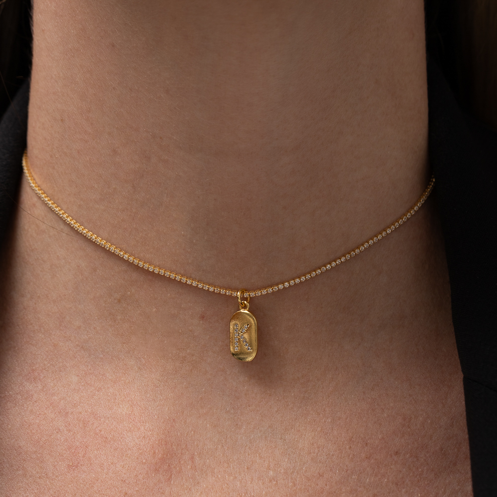 CHOKER RIVIERA PP COM LETRA F CRISTAL BANHO OURO 18K