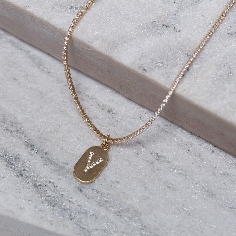 CHOKER RIVIERA PP COM LETRA V CRISTAL BANHO OURO 18K