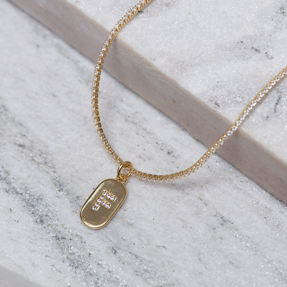 CHOKER RIVIERA PP COM LETRA F CRISTAL BANHO OURO 18K