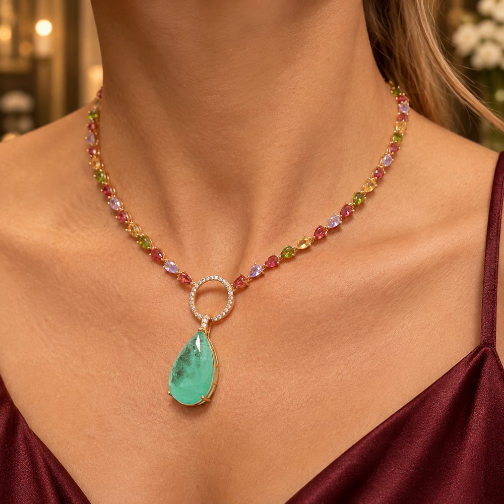 COLAR RIVIERA COLORIDA E GOTA VERDE TIFFANY BANHO OURO 18K