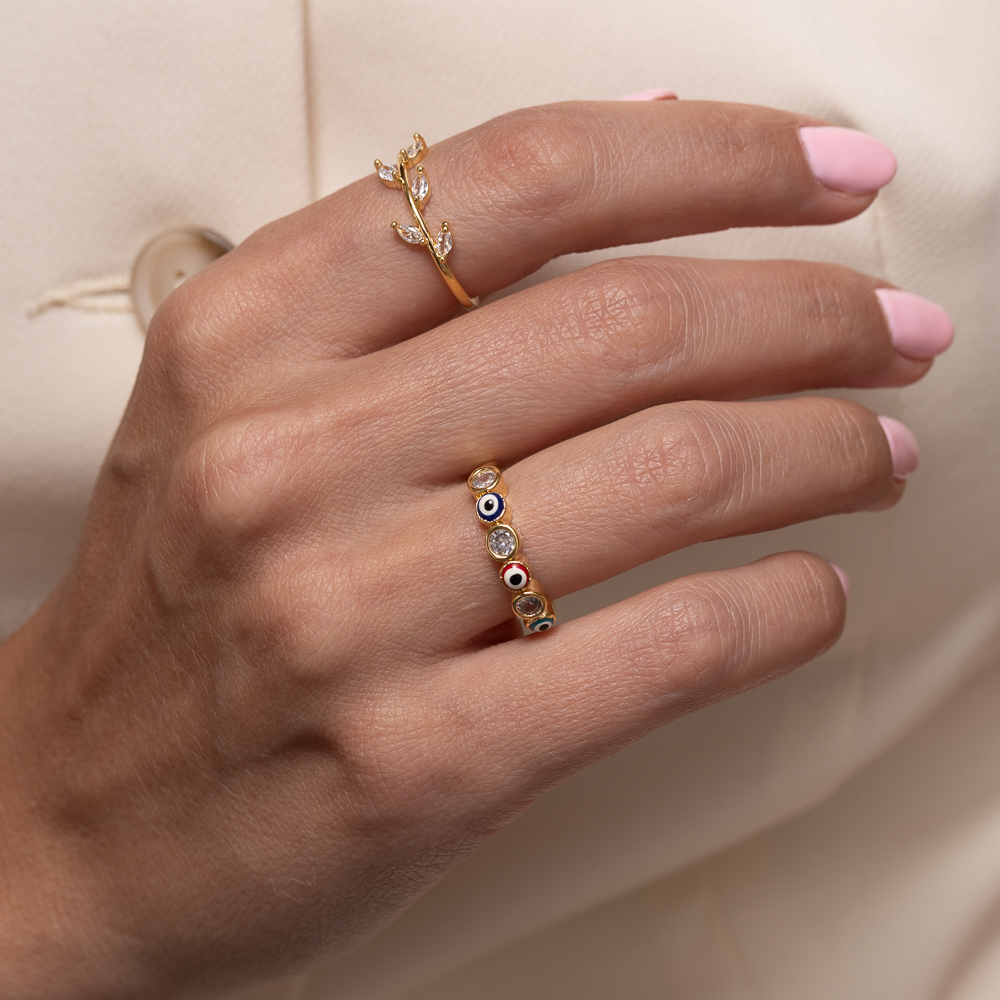 ANEL FOLHAS COM PEDRAS CRISTAIS BANHO OURO 18K
