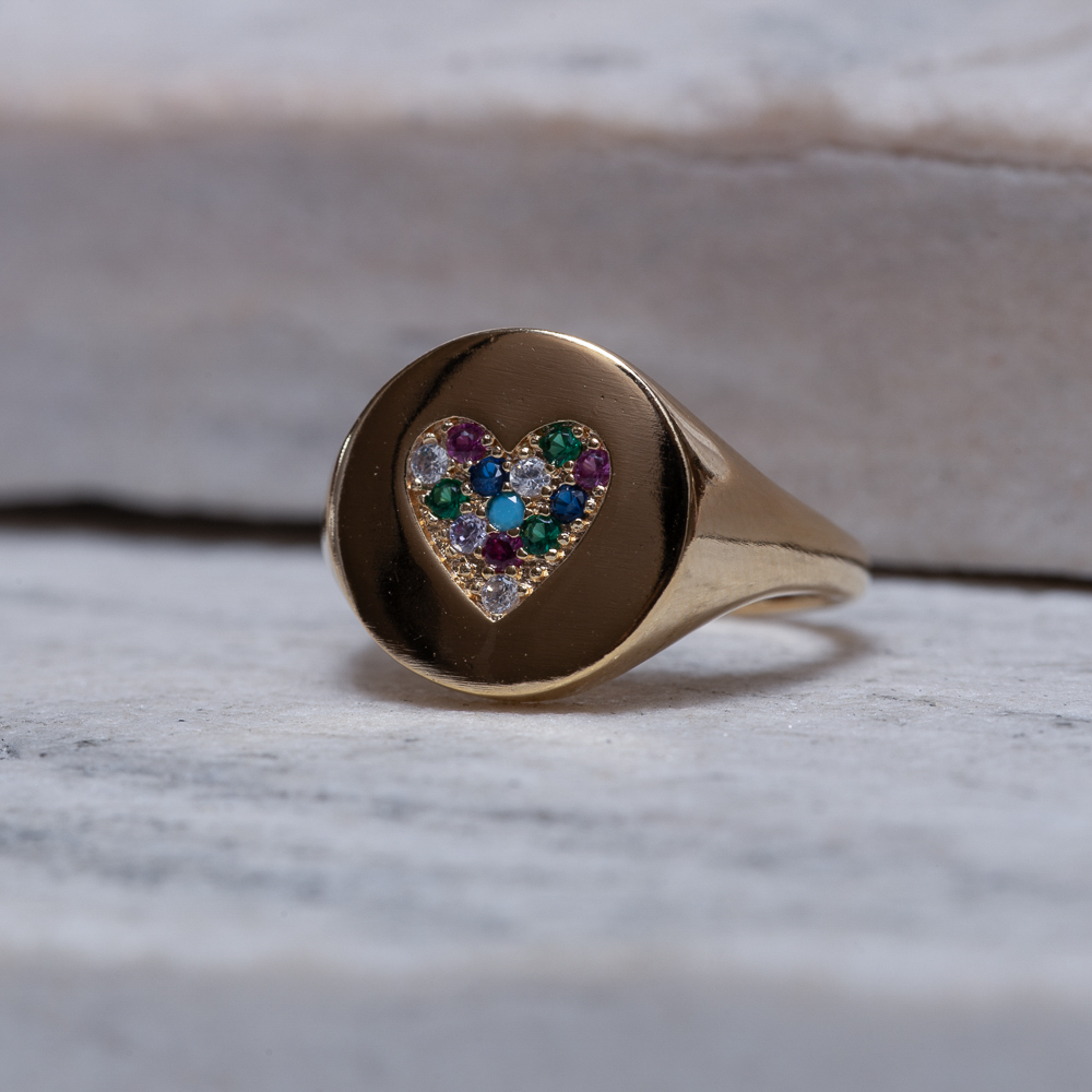 ANEL CORAÇÃO COM ZIRCÔNIAS COLORIDAS BANHO OURO 18K
