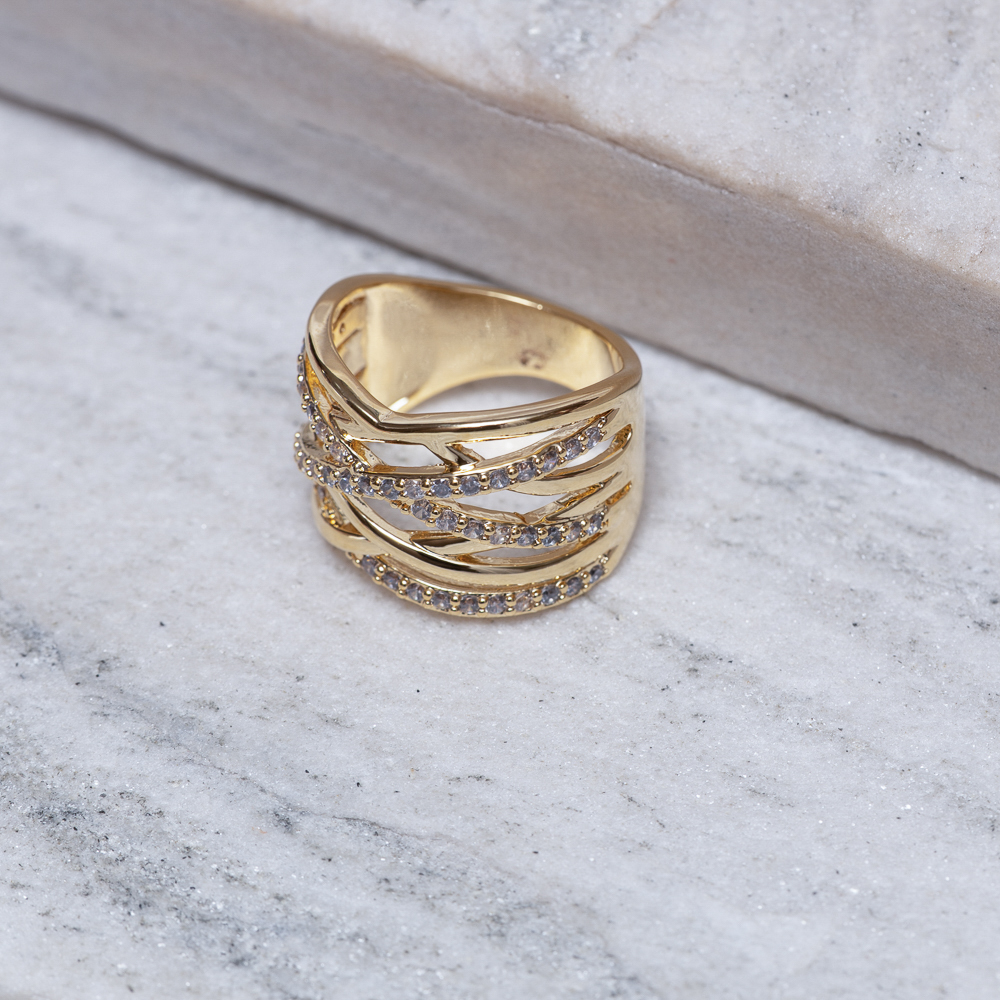 ANEL FILEIRAS COM ZIRCÔNIAS CRISTAIS BANHO OURO 18K