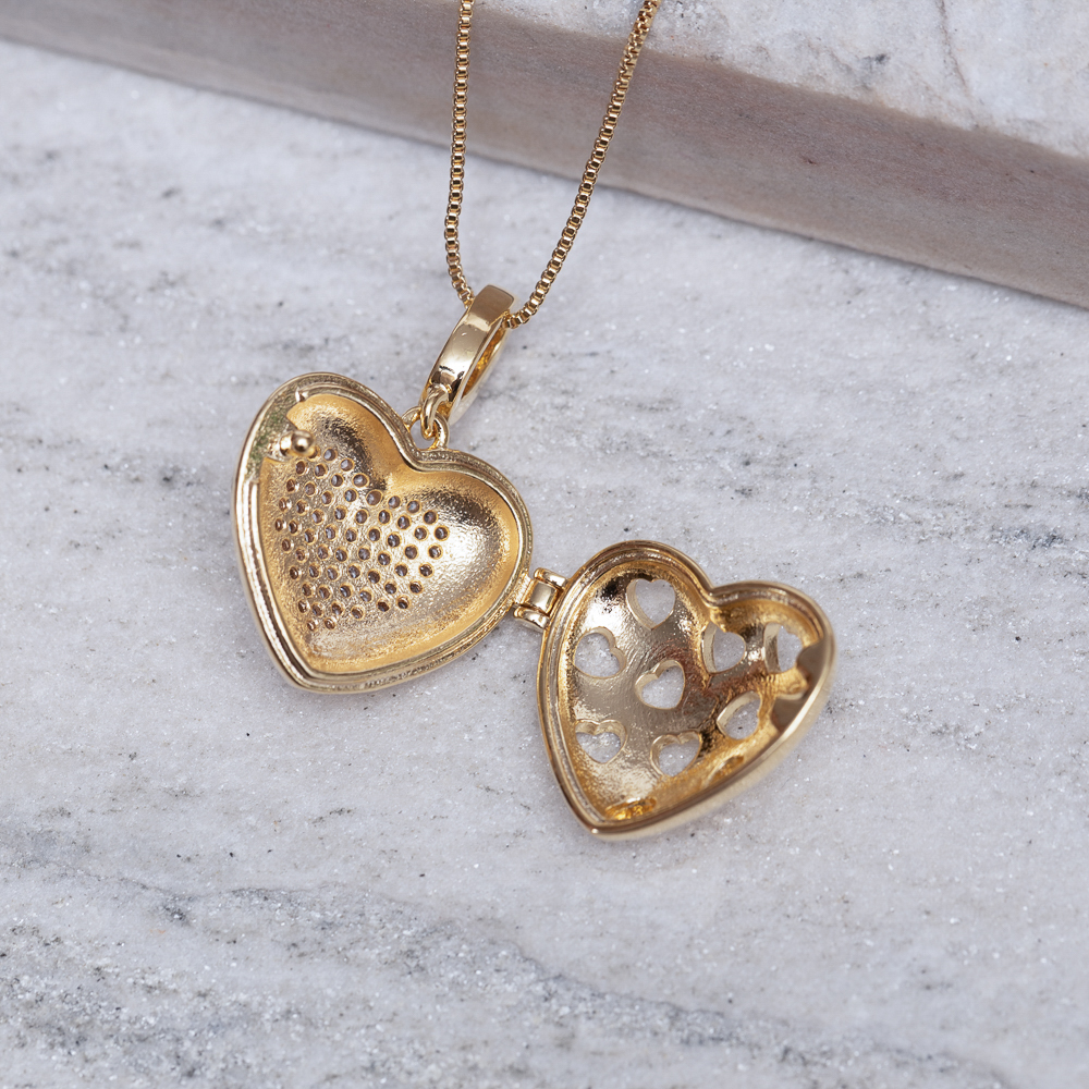 COLAR PERFUMEIRA CORAÇÃO COM ZIRCÔNIAS BANHO OURO 18K