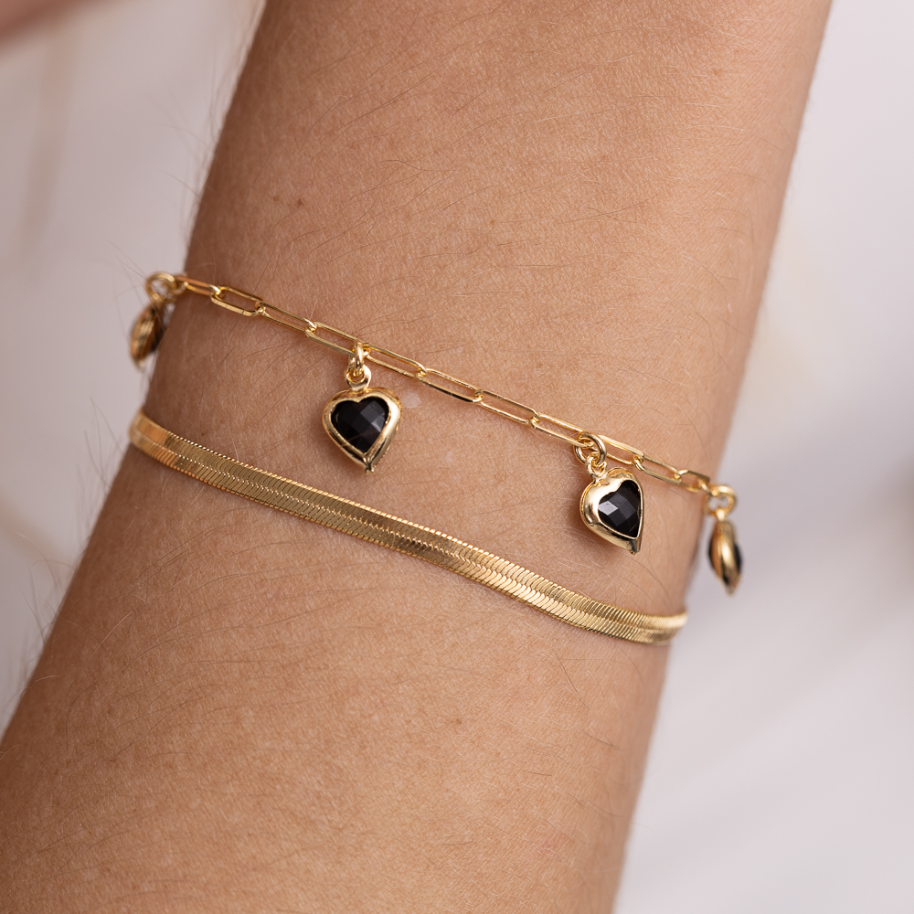 PULSEIRA CORAÇÕES NEGROS BANHO OURO 18K