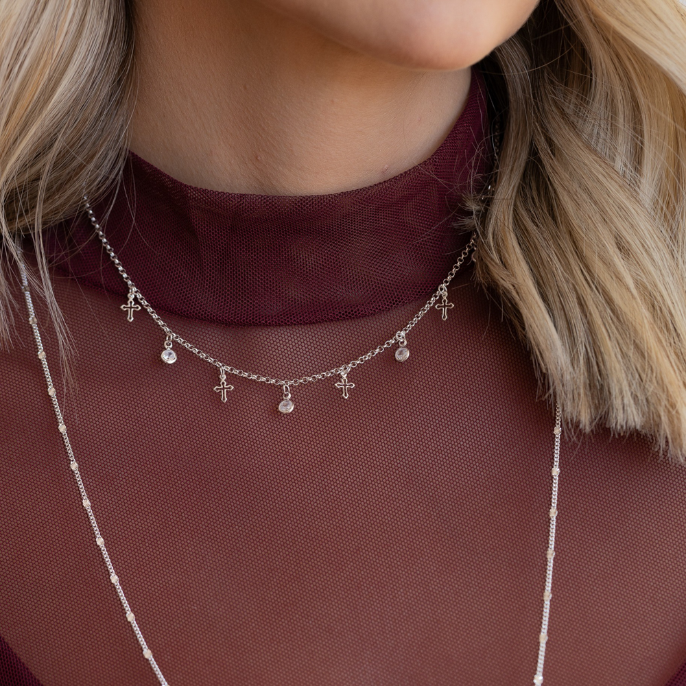 CHOKER PONTO DE LUZ COM CRUZ BANHO PRATA