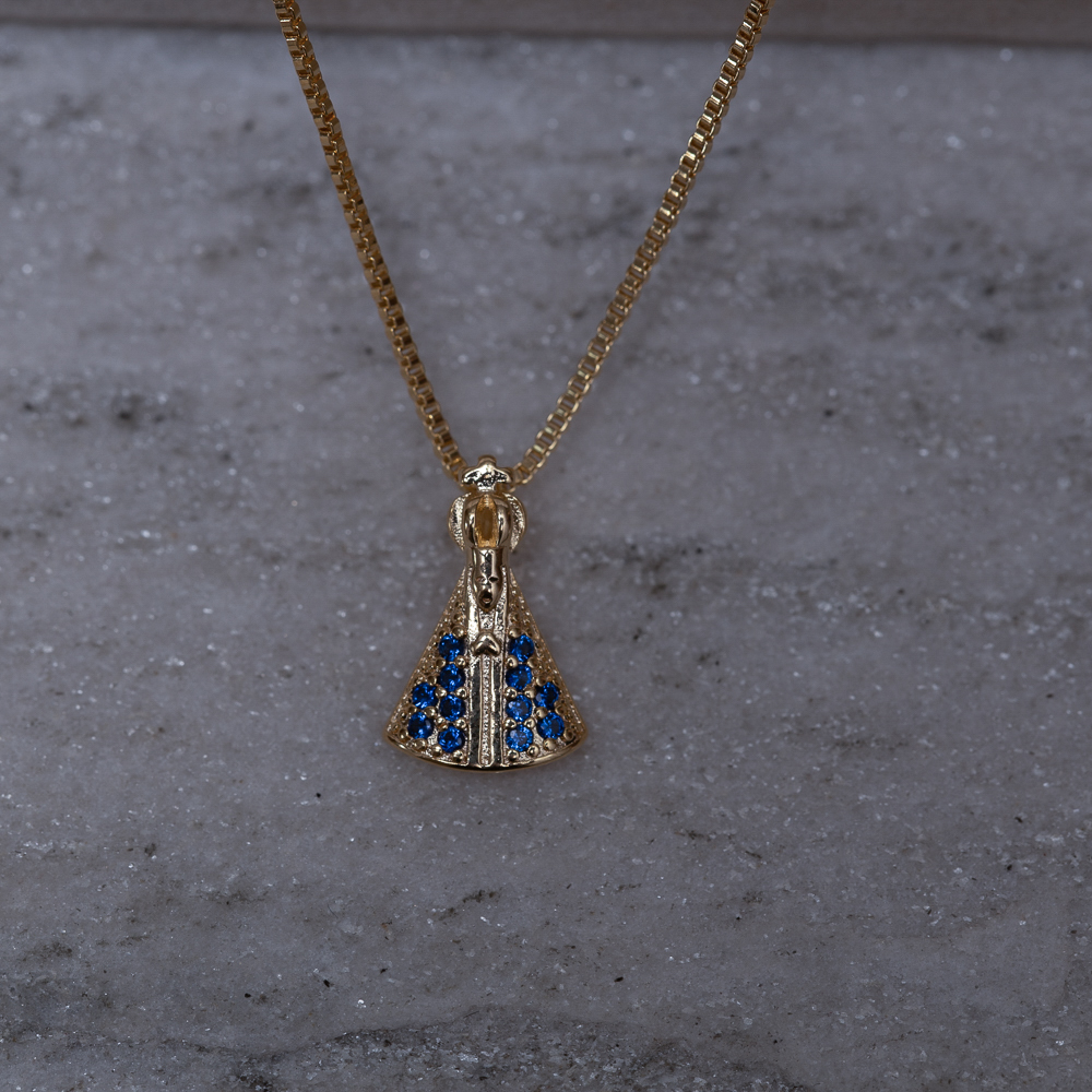 COLAR NOSSA SENHORA P MANTO AZUL BANHO OURO 18K