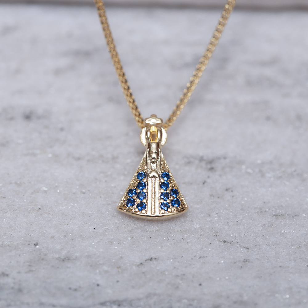 COLAR NOSSA SENHORA P MANTO AZUL BANHO OURO 18K