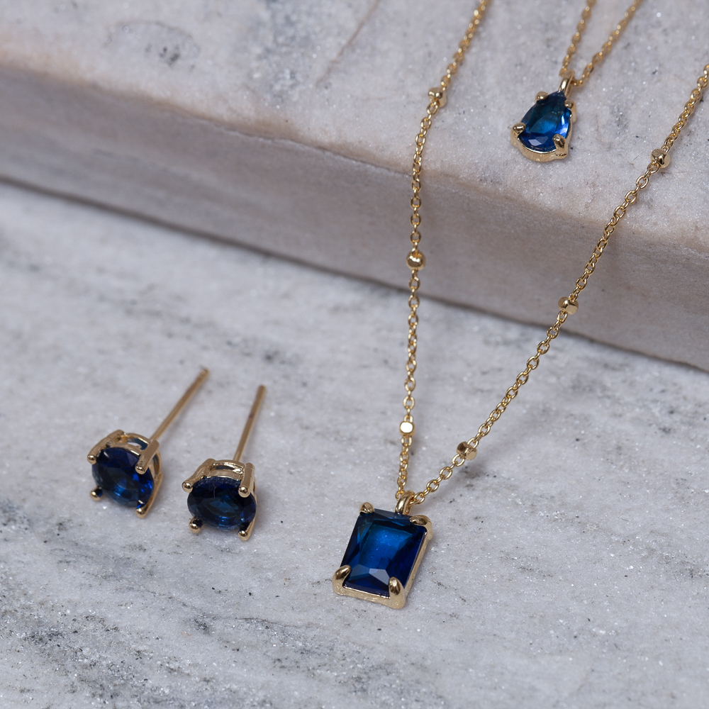 CONJUNTO COLAR DUPLO COM PEDRA AZUL BANHO OURO 18K