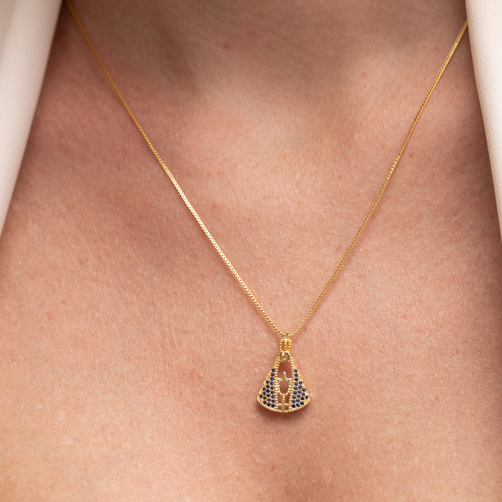 COLAR NOSSA SENHORA G MANTO AZUL BANHO OURO 18K