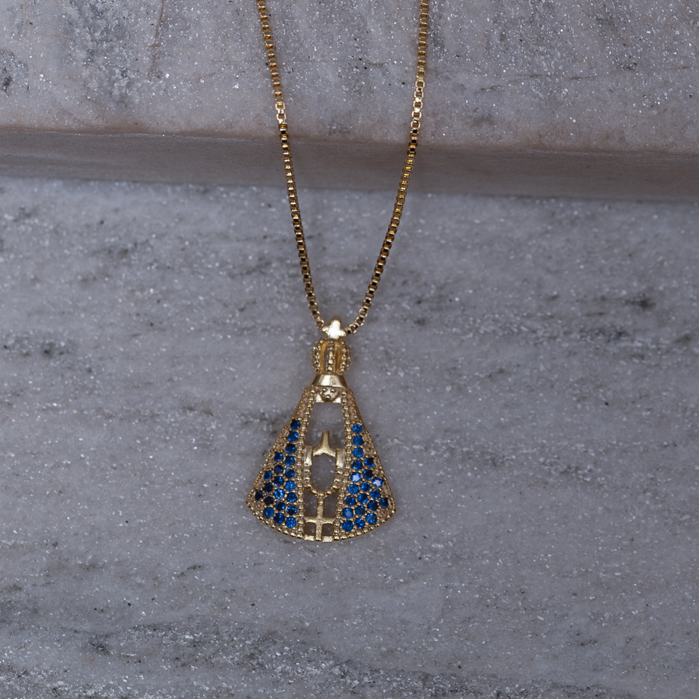 COLAR NOSSA SENHORA G MANTO AZUL BANHO OURO 18K