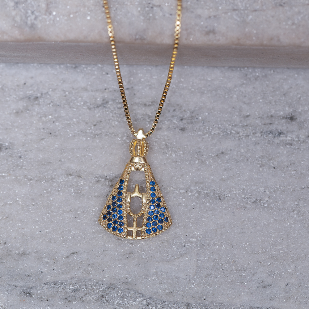 COLAR NOSSA SENHORA G MANTO AZUL BANHO OURO 18K