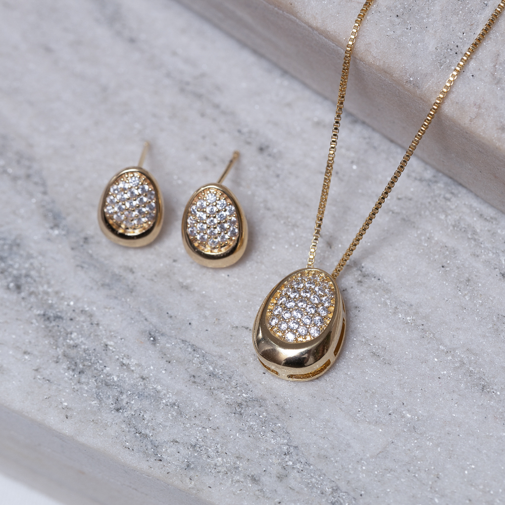 CONJUNTO GOTA ORGÂNICA ZIRCÔNIA CRISTAL BANHO OURO 18K