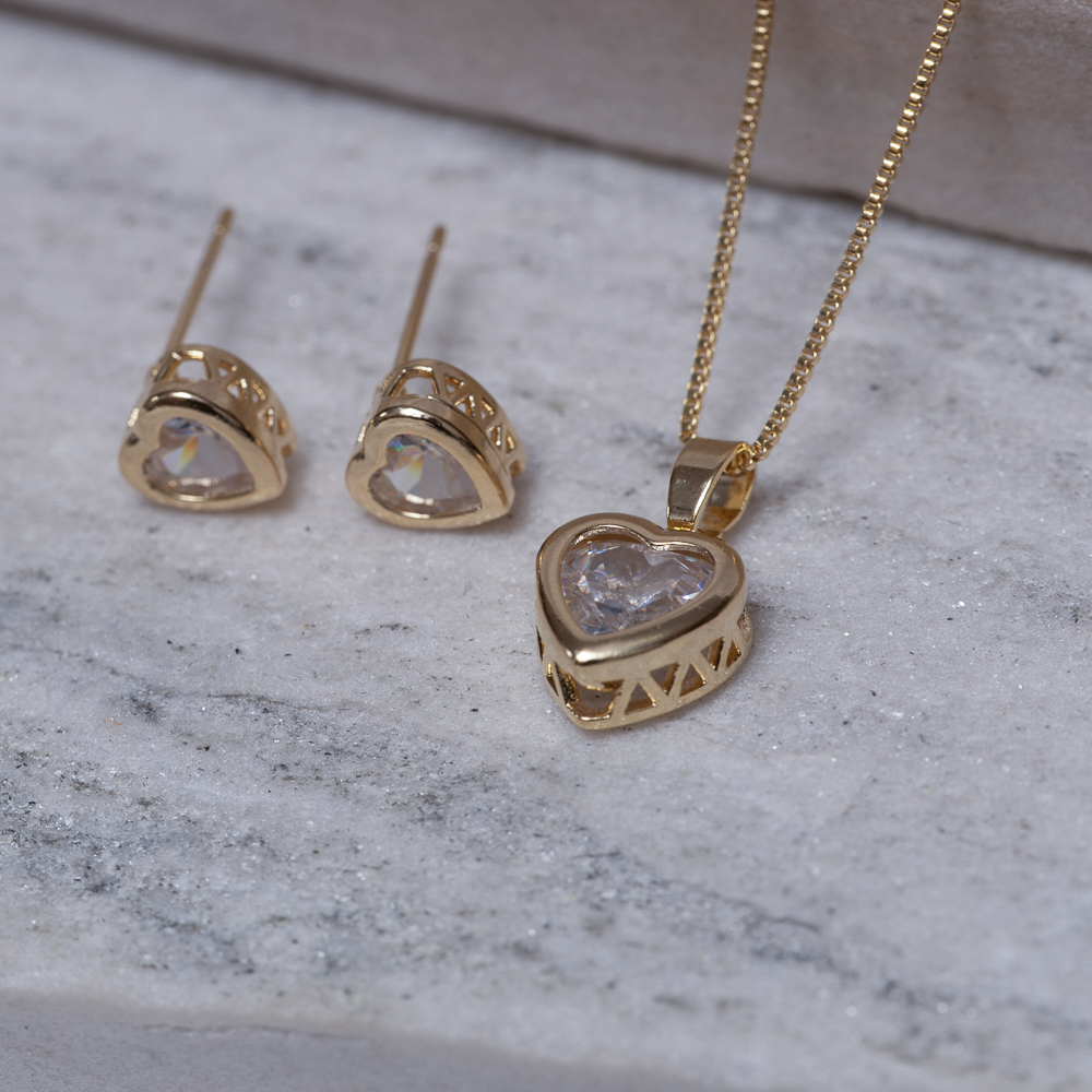 CONJUNTO CORAÇÃO CRISTAL BANHO OURO 18K