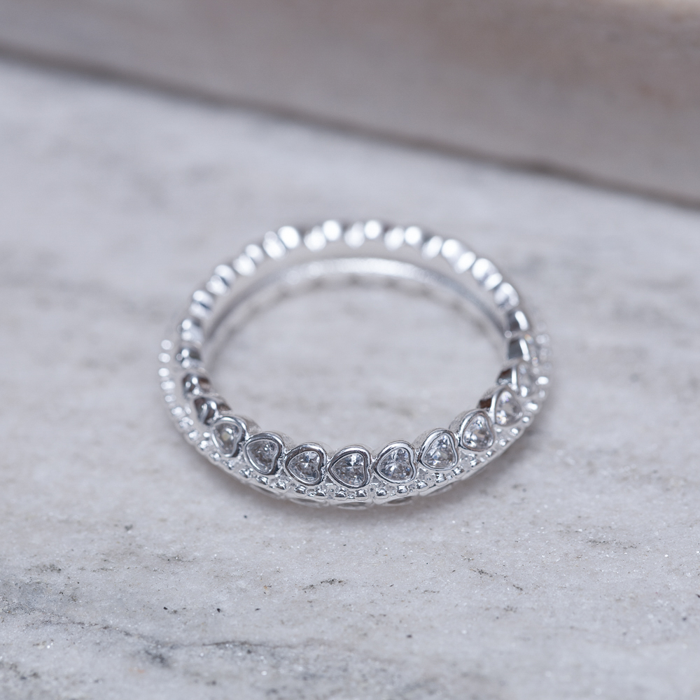 ANEL CORAÇÕES COM BOLINHAS DIAMANTADAS BANHO PRATA