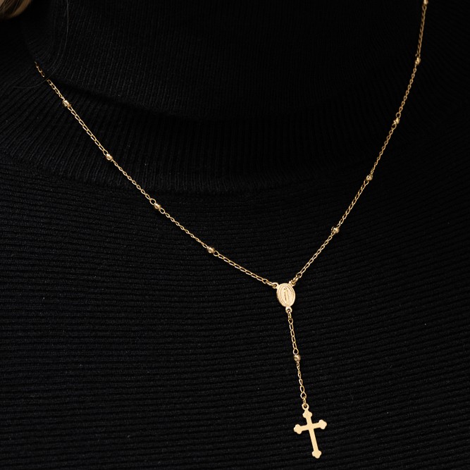 COLAR TERÇO COM PÉROLAS BANHO OURO 18K
