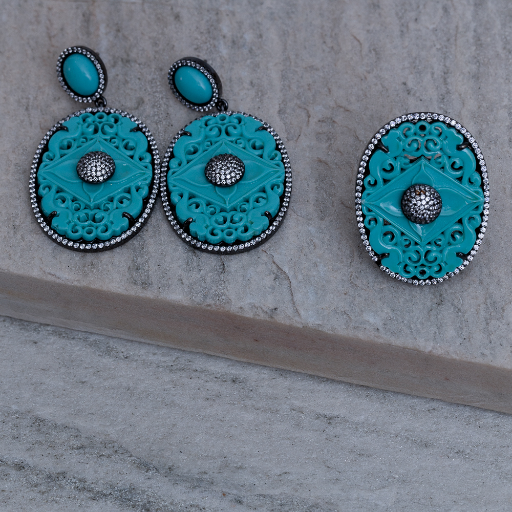 CONJUNTO RENDA VINTAGE VERDE TIFFANY BANHO RÓDIO NEGRO