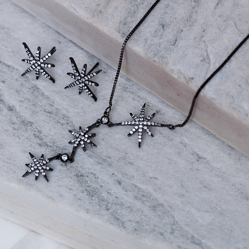 CONJUNTO ESTRELAS CRAVEJADAS BANHO RÓDIO NEGRO