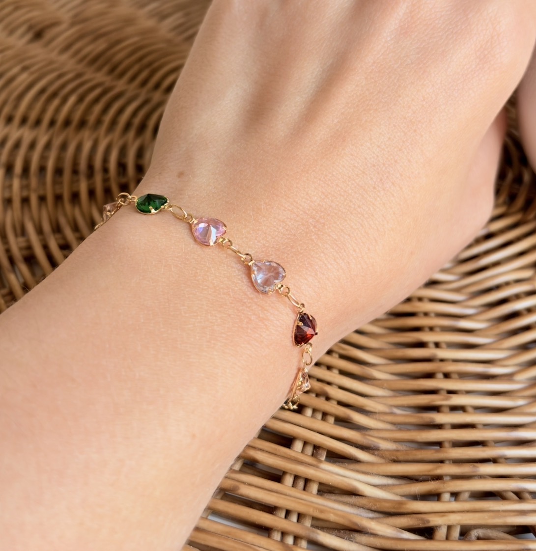 PULSEIRA CORAÇÕES PEDRAS COLORS B. OURO
