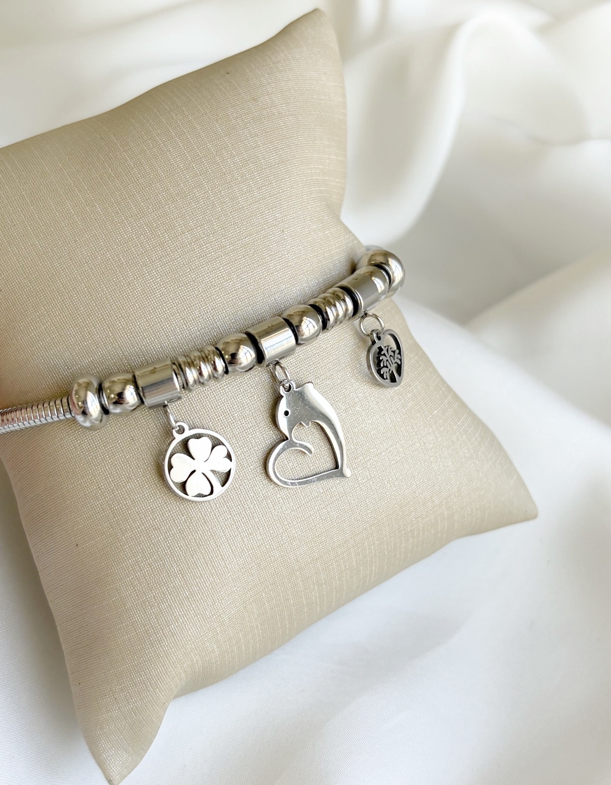 PULSEIRA AÇO BERLOQUE AJUSTÁVEL TREVO GOLFINHO ARVORE
