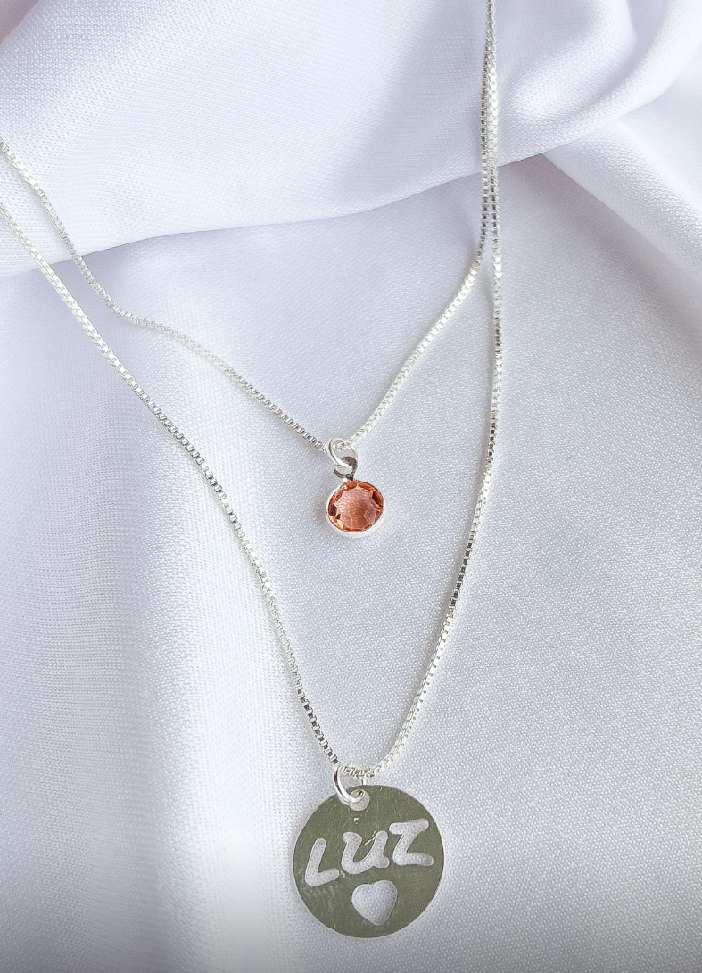 COLAR DUPLO MEDALHA LUZ + PEDRA B. PRATA