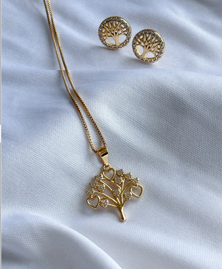 COLAR VENEZ. DELICADO ARVORE DA VIDA FOLHAS DE CORAÇÕES CRISTAL B. OURO