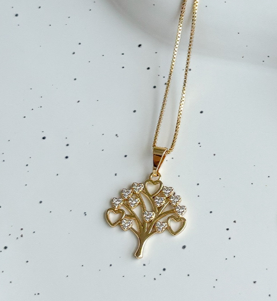 COLAR VENEZ. DELICADO ARVORE DA VIDA FOLHAS DE CORAÇÕES CRISTAL B. OURO