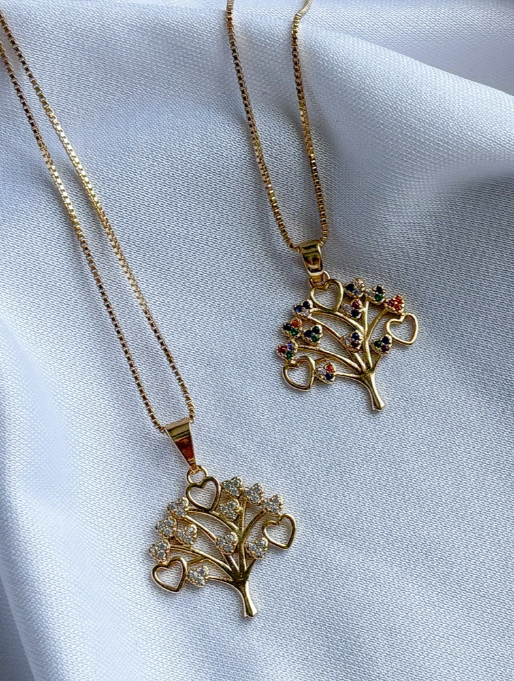 COLAR VENEZ. DELICADO ARVORE DA VIDA FOLHAS DE CORAÇÕES CIGANINHA B. OURO