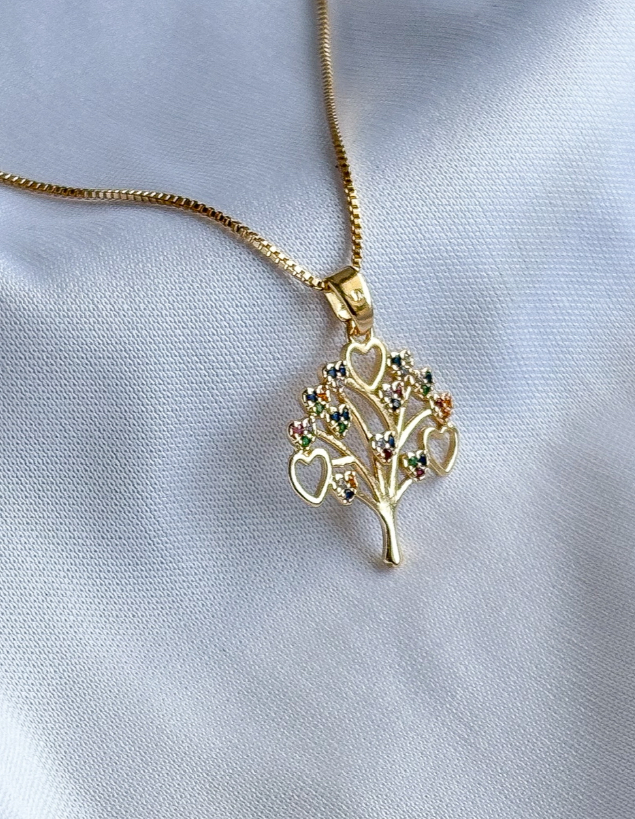 COLAR VENEZ. DELICADO ARVORE DA VIDA FOLHAS DE CORAÇÕES CIGANINHA B. OURO