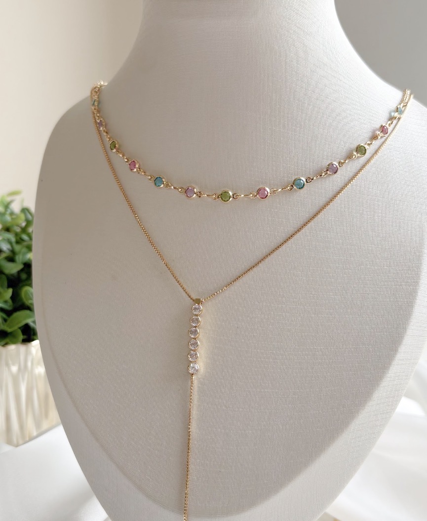 COLAR CHOKER PEDRAS REDONDAS COLORS CLARAS B. OURO